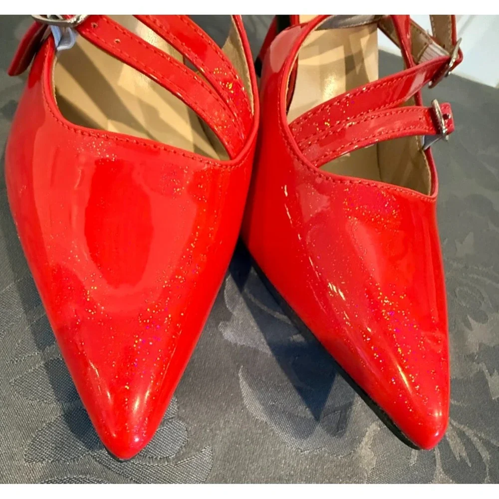 Women's Red Patent Glitter Pointed Toe Slingback Pumps Ankle Strap Stiletto Heel